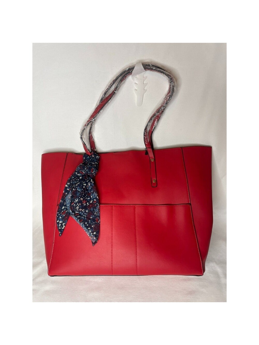 Mondani Kata Tote Bag Red Faux Leather with Floral Scarf Snap Closure NEW